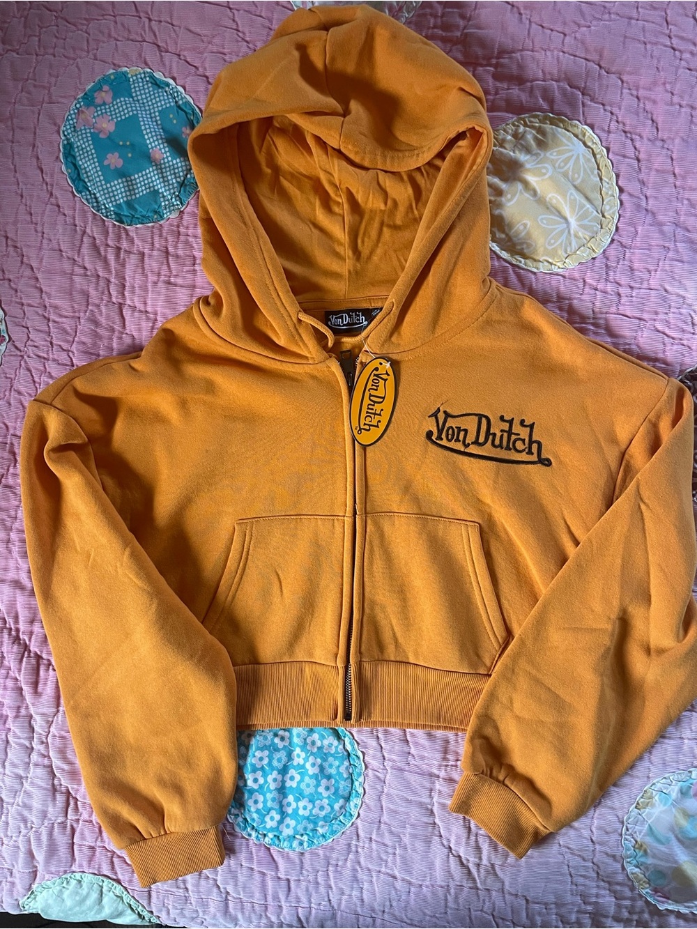 Von Dutch Orange Cropped Hoodie Vest with Front Pockets